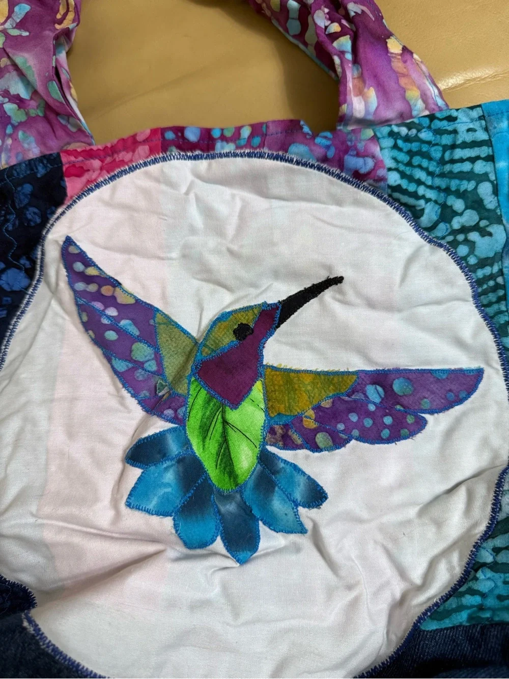 Handmade Batik Patchwork Hummingbird Tote Bag Denim Boho Artisan
